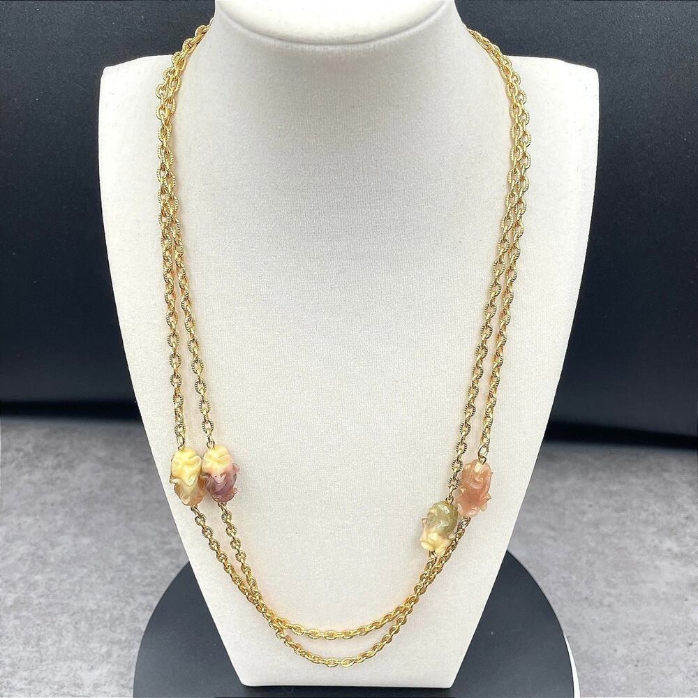 VTG Gold-Tone Hammered Victorian Carved Jadeite Double-Strand Station Necklace